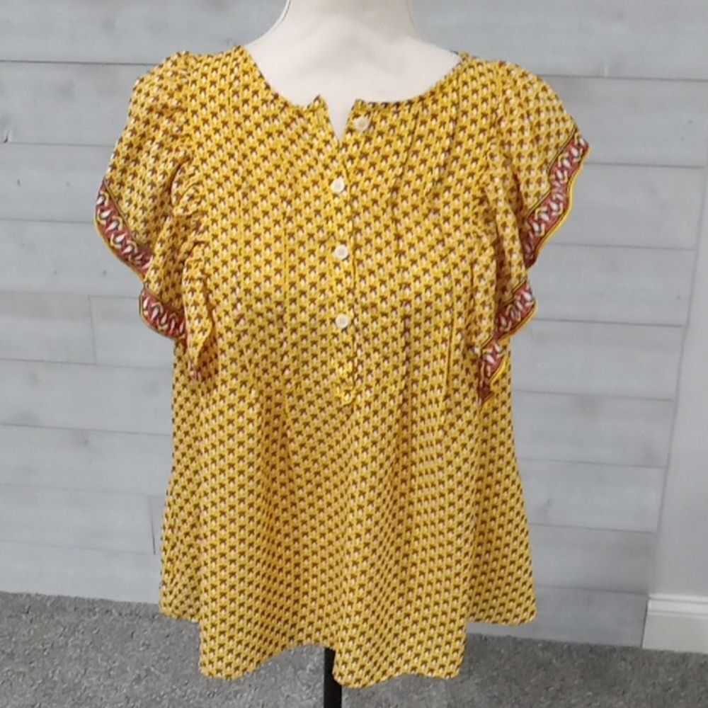Max Studio Yellow Geo-Print Flutter Sleeve Blouse